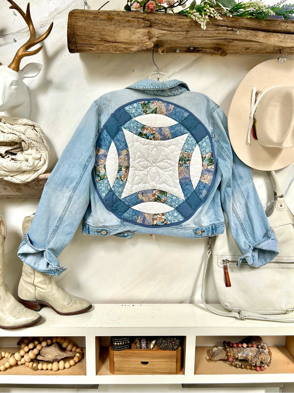 Upcycled Quilted back accent boho Denim Jacket cottagecore prairie Country vibe